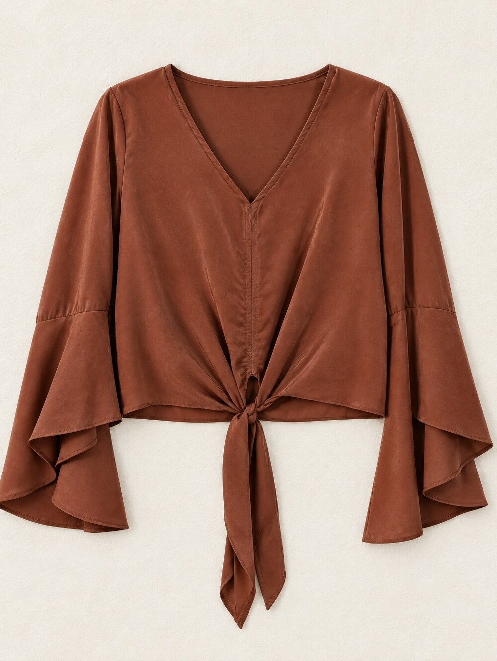 Women's Brown Tie Front Cropped Blouse Bell Sleeves Boho 70s Romantic Sz Medium